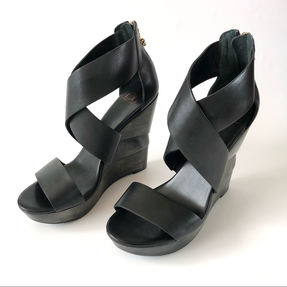 Diane von Furstenberg Black Leather Opal Crisscross Wedge Sandals Size 6.5